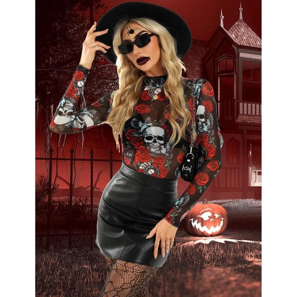 Women Skull Flower Long Sleeve Mock Neck Fitted Sexy See Through Mesh Tops - Picture 4 of 7